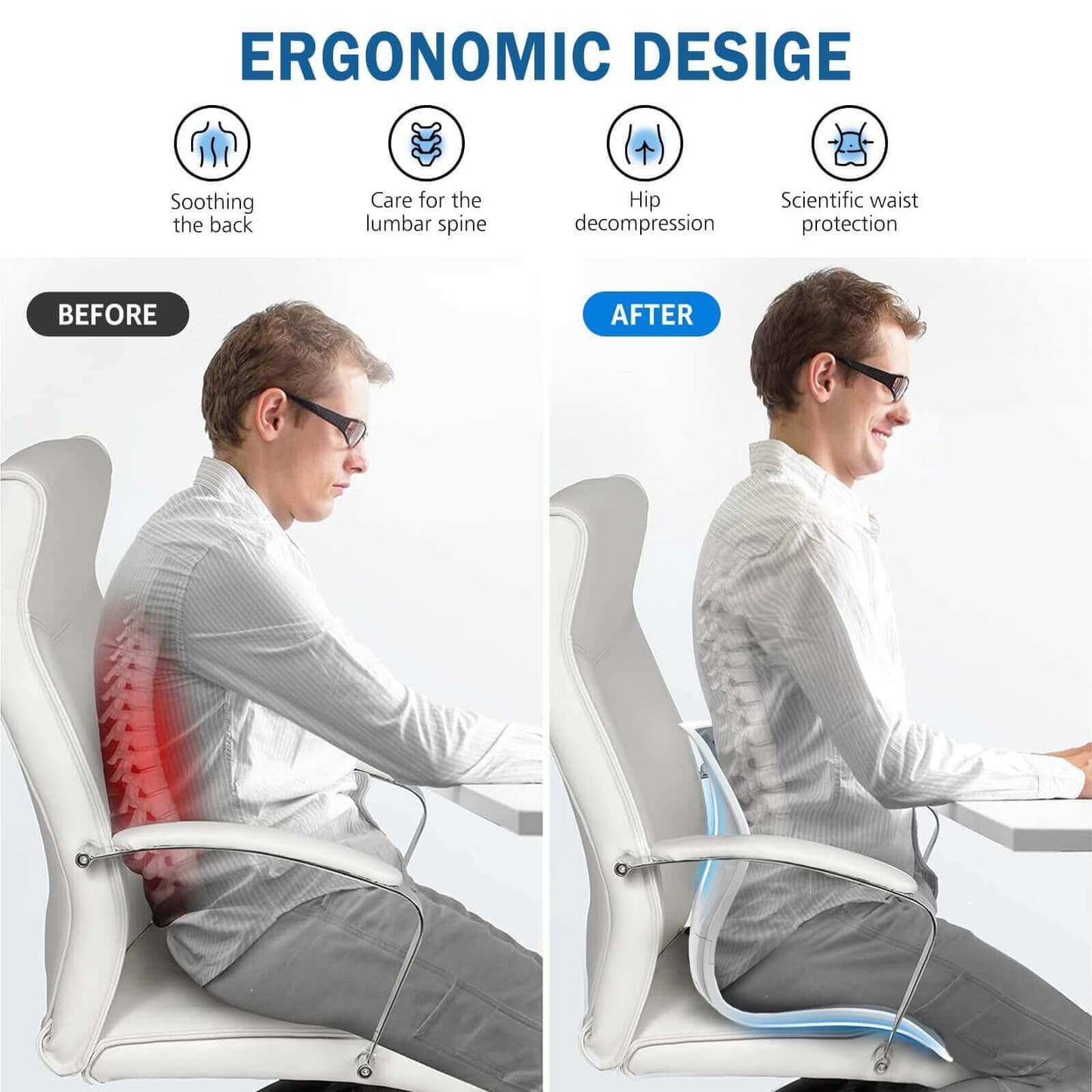 Ergonomic Back Support, Lightweight Lumbar Support for Posture (L)