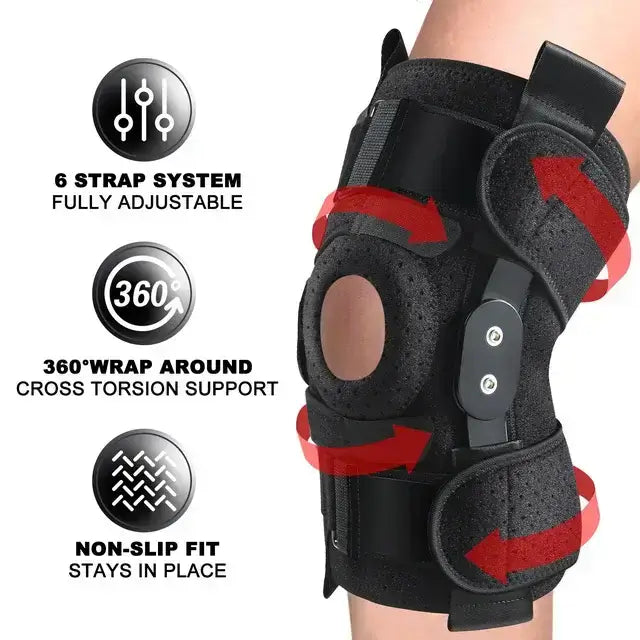 Hinged Knee Brace with Side Stabilizers, Adjustable Compression Sleeve for Pain Relief
