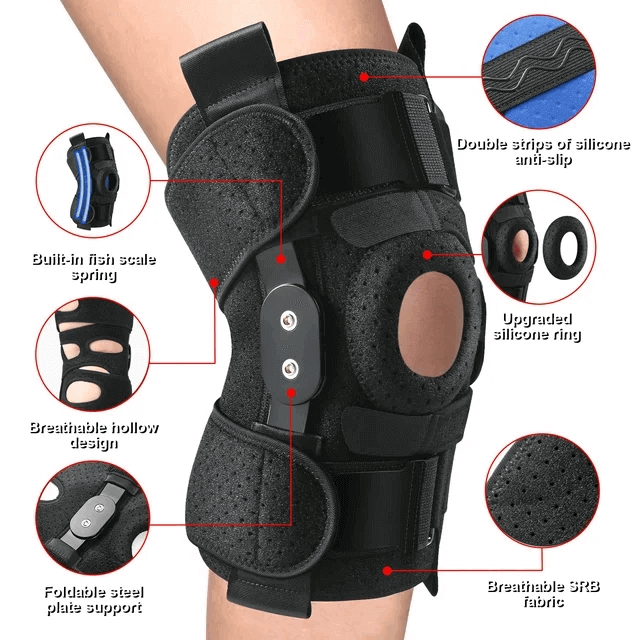Hinged Knee Brace with Side Stabilizers, Adjustable Compression Sleeve for Pain Relief