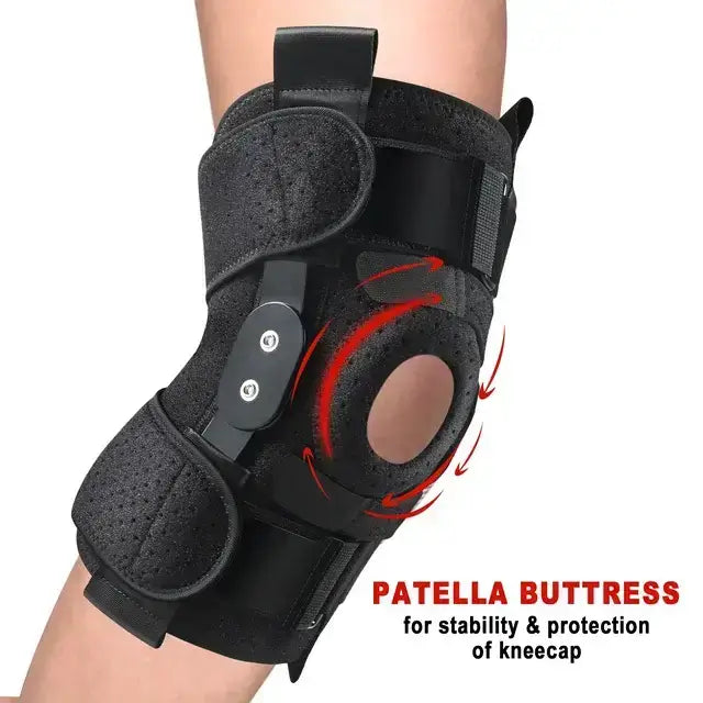 Hinged Knee Brace with Side Stabilizers, Adjustable Compression Sleeve for Pain Relief
