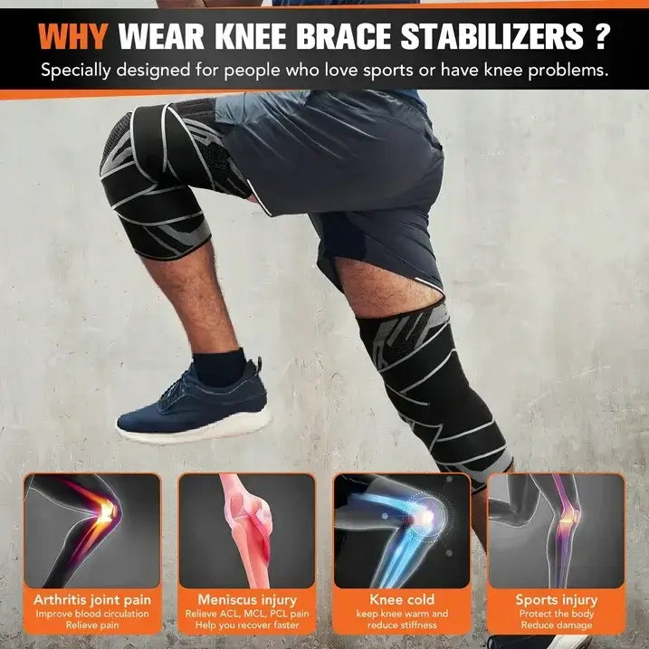 Knee Brace Sleeve with Side Stabilizers & Patella Gel Pad, Adjustable Compression, M