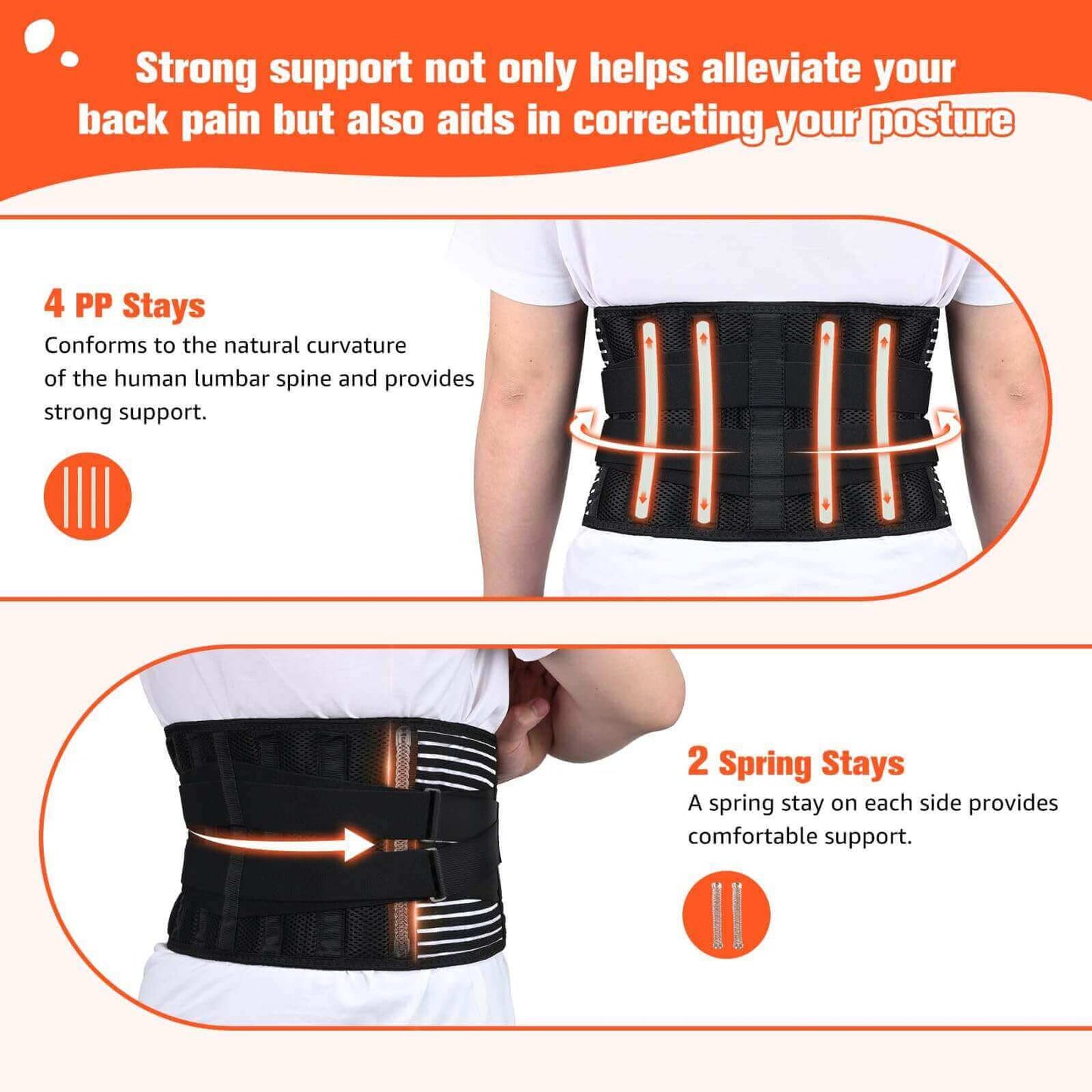 Breathable Back Brace with 4 Stays, Lower Back Pain Relief