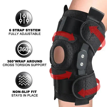 Hinged Knee Brace with Side Stabilizers, Adjustable Compression Sleeve for Pain Relief
