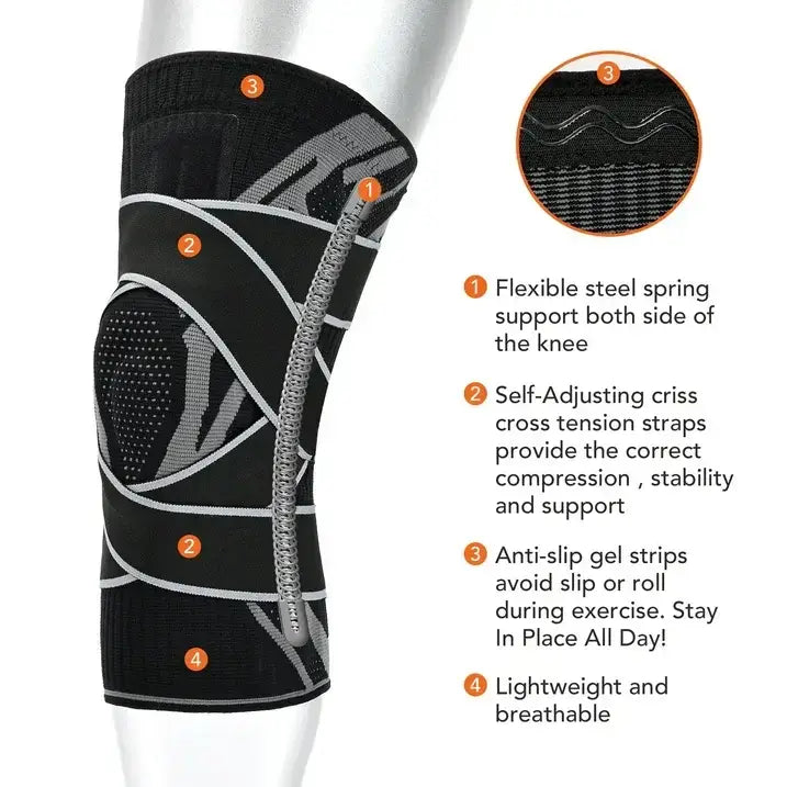 Knee Brace Sleeve with Side Stabilizers & Patella Gel Pad, Adjustable Compression, M