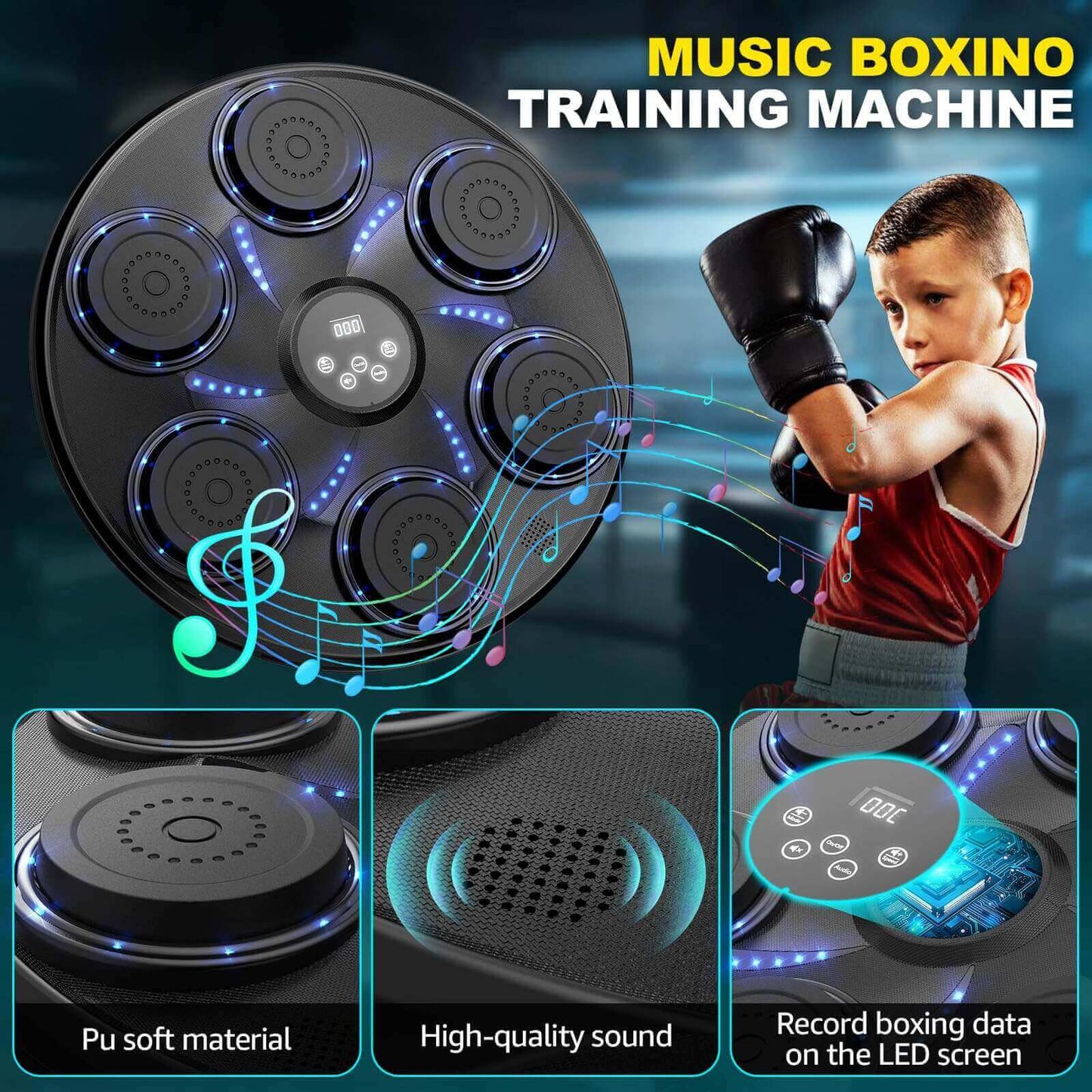 Music Boxing Machine with Gloves, Wall-Mounted Punch Target, 9 Speeds & Modes