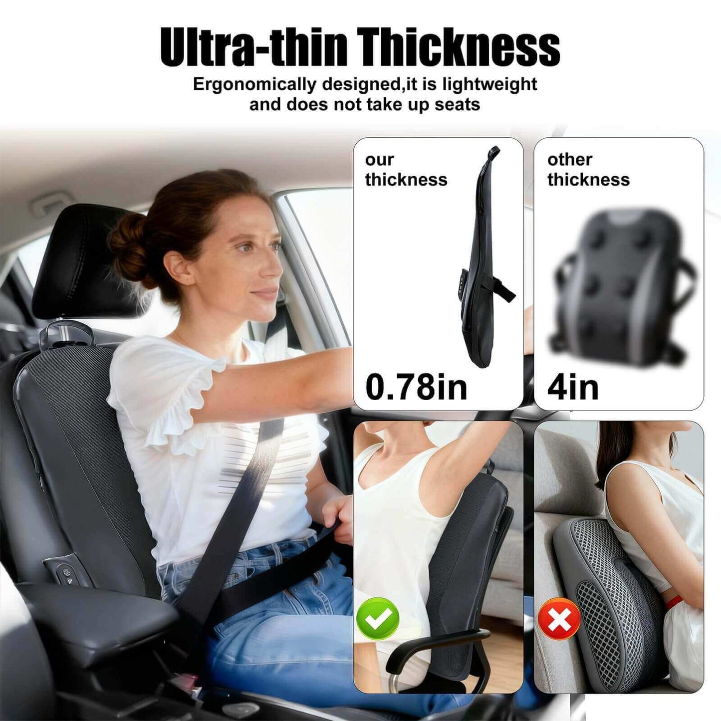 Ultrathin Back Massager for Pain Relief Deep Tissue with 4D Kneading, Heating & Red Light Therapy, Cordless Back Massager with Heat for Shoulders, Gift for Home Office Car Use for Men Women